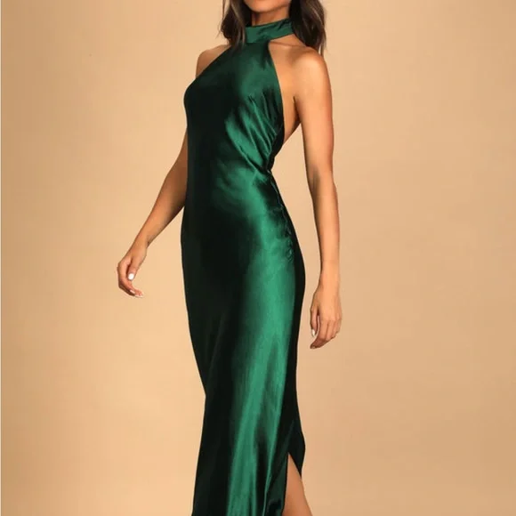 Lulus- Love in Your Life Emerald Green Satin Halter Maxi Dress - Picture 4 of 9